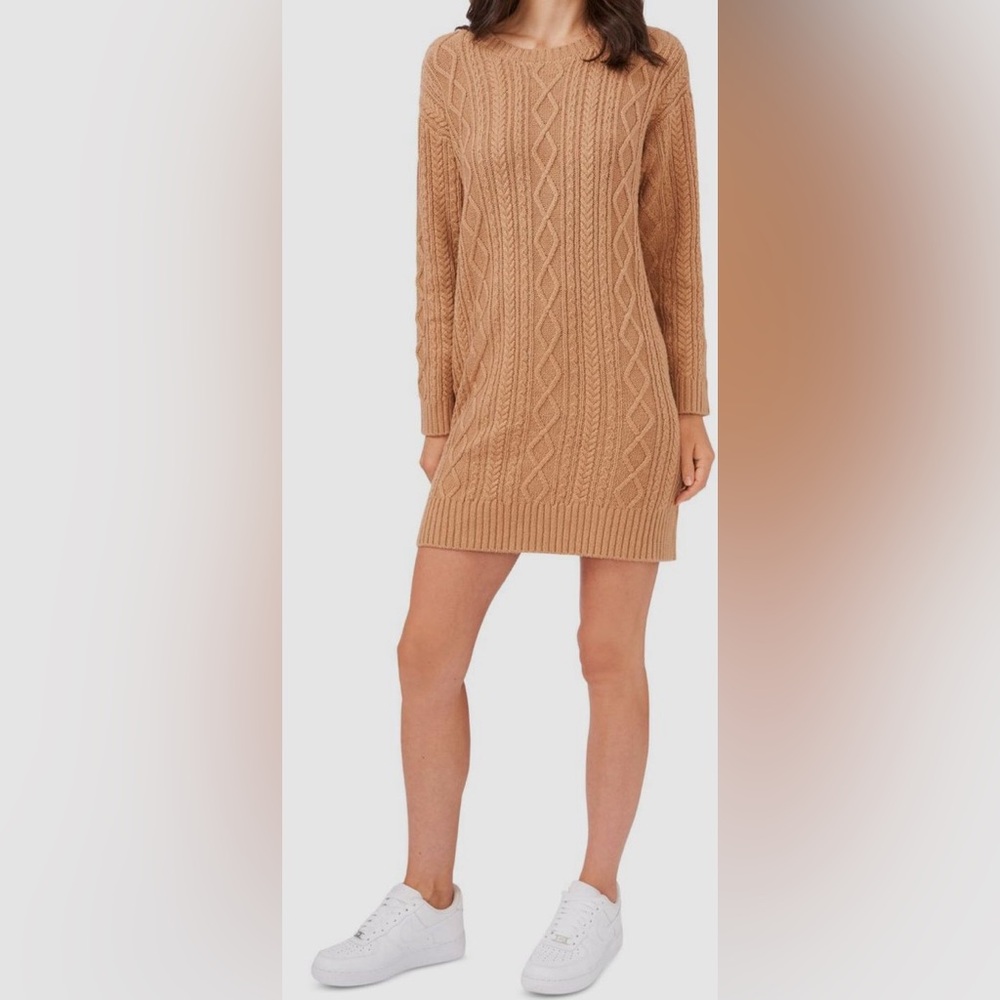 AMTIOUS Cable Knit Tan Sweater Dress